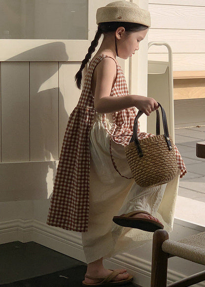 Robe longue d'été en coton pour enfants et filles, style bohème, à carreaux, col carré, ouverture latérale, taille nouée, GF002