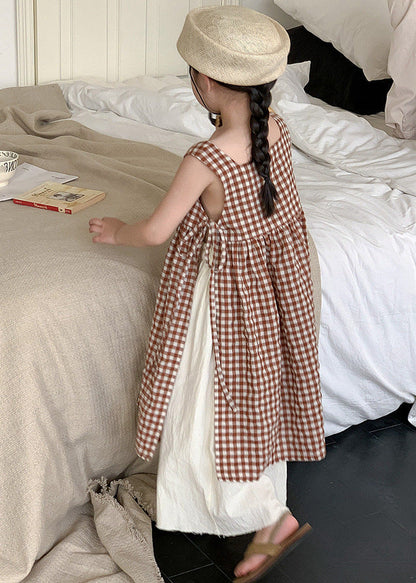 Robe longue d'été en coton pour enfants et filles, style bohème, à carreaux, col carré, ouverture latérale, taille nouée, GF002