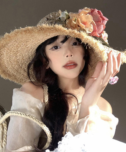 Boho Flower Brim Seaside Vacation Straw Woven Floppy Sun Hat WI014