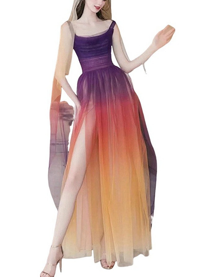 Boho Gradient Color Side Open Tulle Spaghetti Strap Dress Sleeveless OP1026