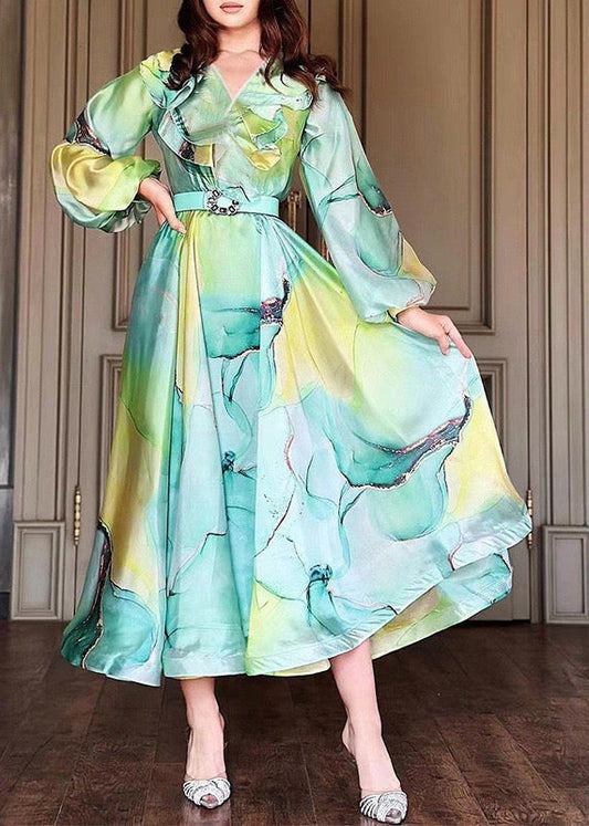 Boho Green Peter Pan Collar Print Tulle Dress Long Sleeve FF078