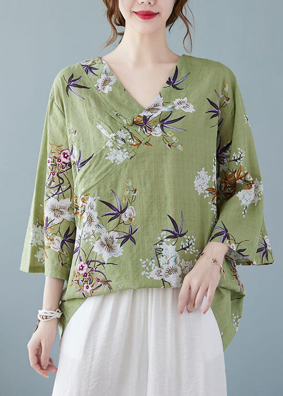 Boho Green V Neck Print Cotton Shirt Tops Bracelet Sleeve FF011