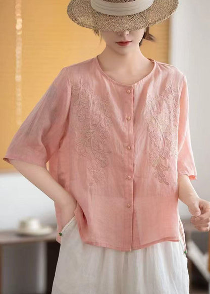 Grey Tops Embroidered Sleeve Linen Boho Half
