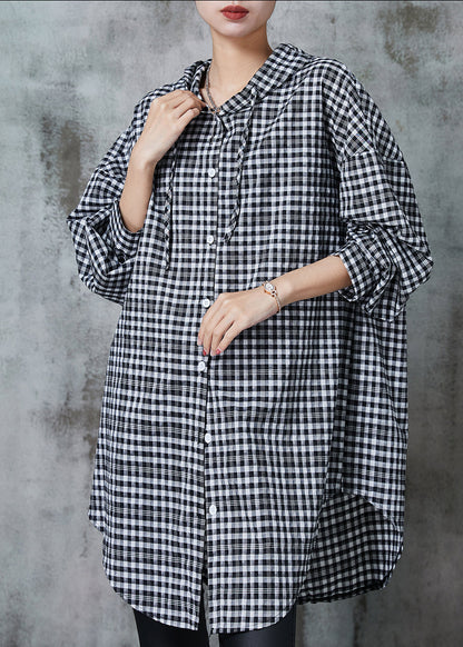 Chemise longue à capuche en lin à carreaux gris Boho Été AL1018