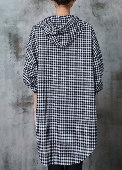 Chemise longue à capuche en lin à carreaux gris Boho Été AL1018