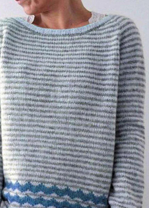 Boho Grey Striped O Neck Cozy Knit Sweaters Fall QA057