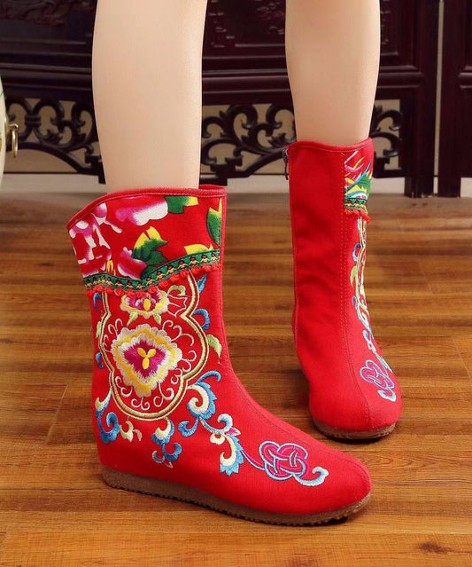 Boho Handgemachte bequeme rote Keilstiefel mit Stickerei CZ1013