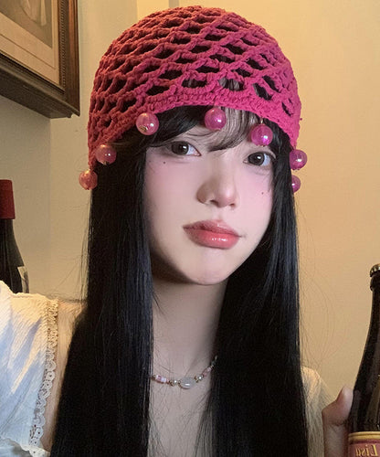 Chapeau boonie en tricot fait main avec perles ajourées en rose WI022