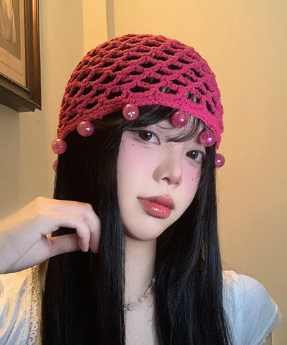 Chapeau boonie en tricot fait main avec perles ajourées en rose WI022