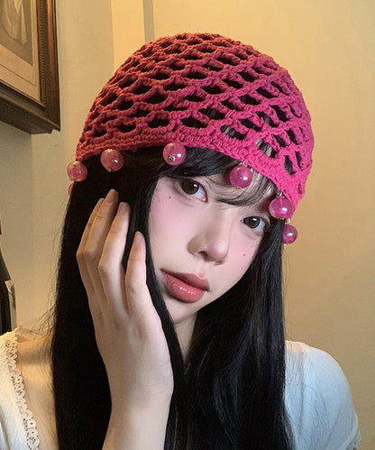 Chapeau boonie en tricot fait main avec perles ajourées en rose WI022