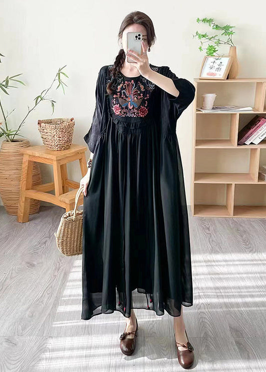 Boho Loose Black O Neck Embroidered Patchwork Silk Dress Summer WW1027