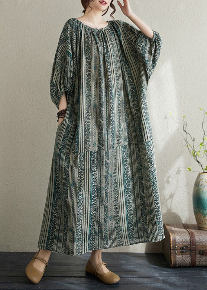 Boho Loose Green O Neck Striped Cotton Long Dress Summer AP037