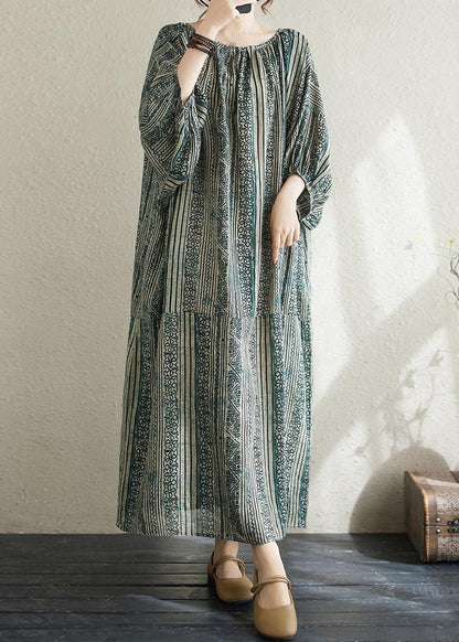 Robe longue en coton à rayures style bohème, ample, verte, col rond, été AP037