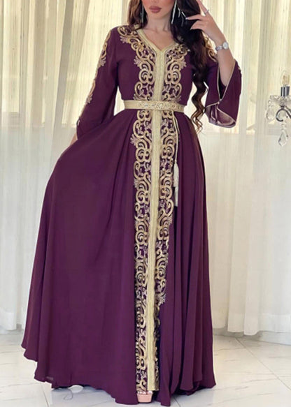 Robe longue en mousseline de soie brodée style bohème ample mûre automne QL042