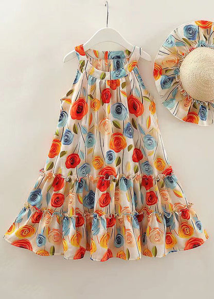 Robe bohème en coton à volants et col rond pour fille, sans manches, EW042