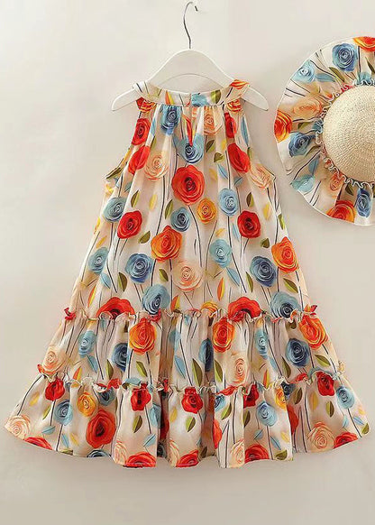 Robe bohème en coton à volants et col rond pour fille, sans manches, EW042