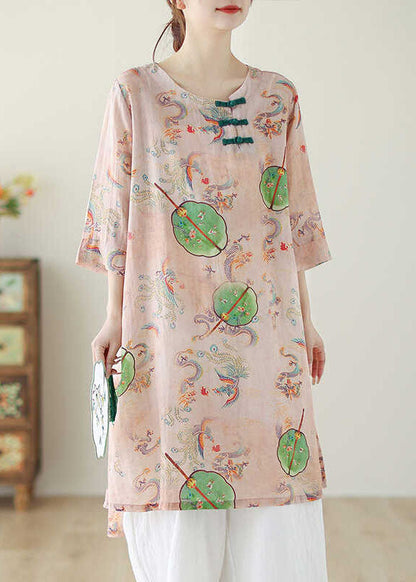 Robe mi-longue en coton à imprimé floral rose style bohème à col rond et boutons chinois pour l'été AP083