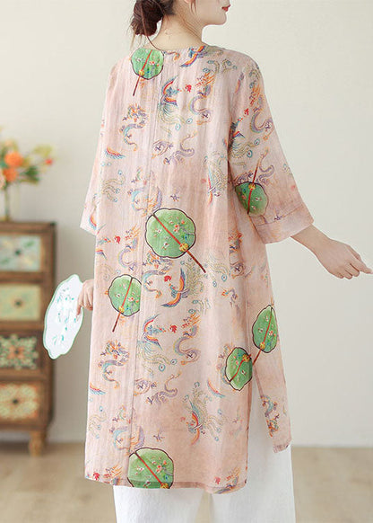 Robe mi-longue en coton à imprimé floral rose style bohème à col rond et boutons chinois pour l'été AP083