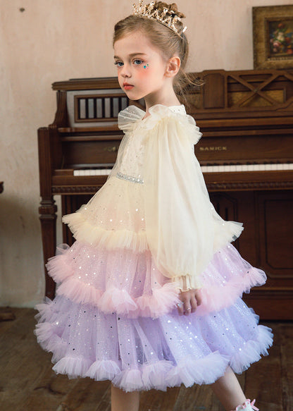 Boho Pink Sequins Tulle Girls Cake Mid Dress Fall RP046