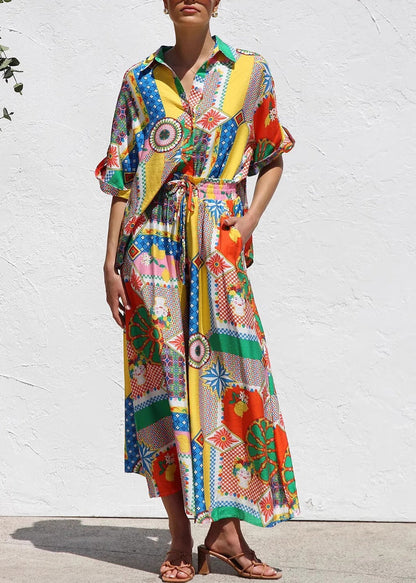 Piece Shirts Two Boho Print Short Set And Maxi Skirts Sleeve