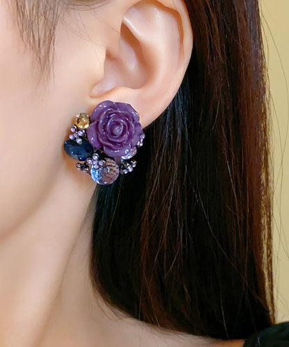 Boho Purple Alloy Zircon Resin Floral Glass Stud Earrings YZ012
