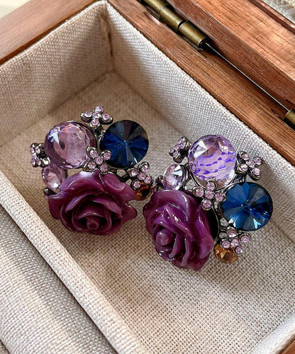 Boho Purple Alloy Zircon Resin Floral Glass Stud Earrings YZ012