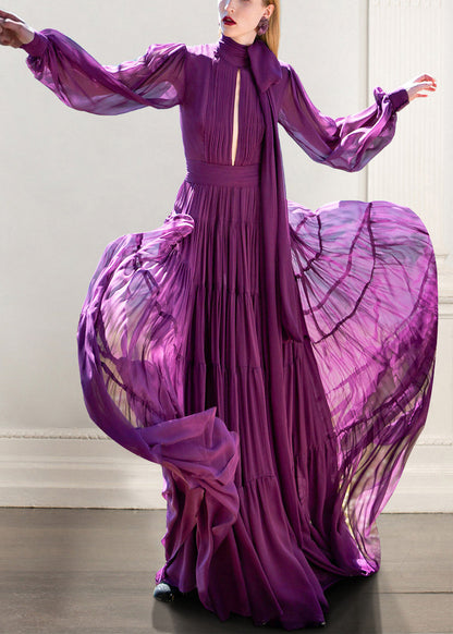 Robe Boho en mousseline de soie froissée ajourée avec nœud violet pour l'automne QR041