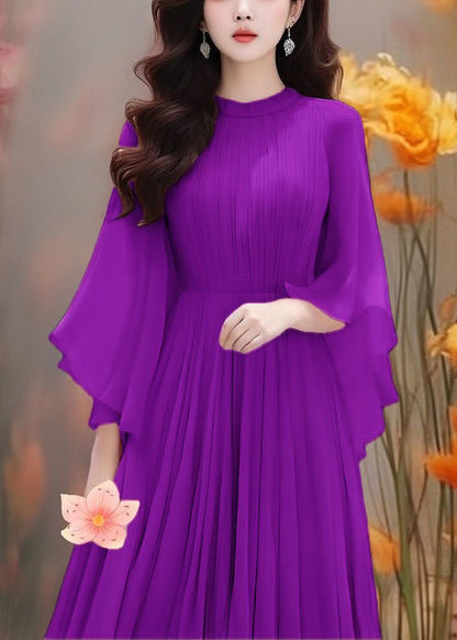 Robe en mousseline de soie froissée unie violette style bohème à manches papillon AA1022