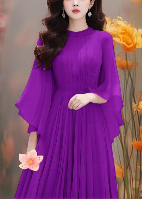 Boho Purple Solid Wrinkled Chiffon Dresses Butterfly Sleeve AA1022