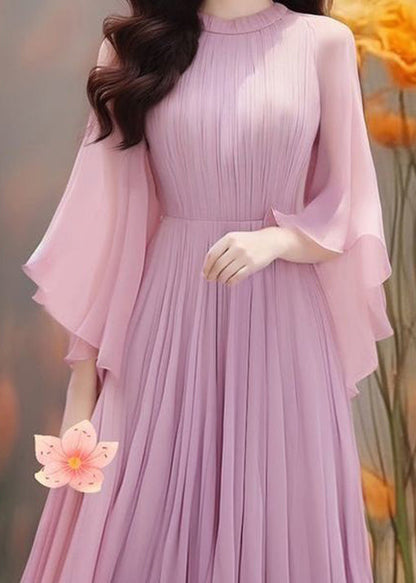 Robe en mousseline de soie froissée unie violette style bohème à manches papillon AA1022