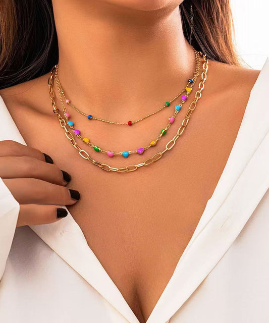 Boho Rainbow Alloy Beading Broken Silver Love Three Piece Set Princess Necklace RG014