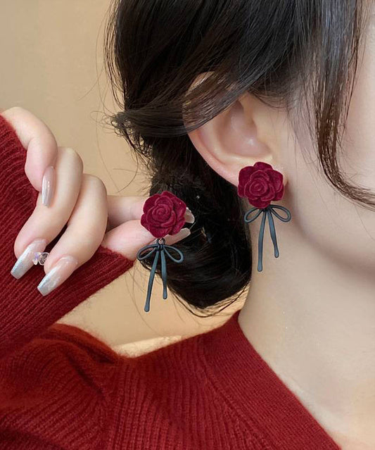 Boho Red Copper Alloy Rose Bow Flocking Stud Earrings YX022