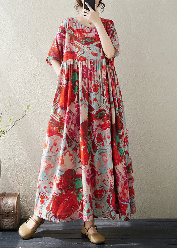 Boho Red O Neck Print Wrinkled Cotton Vacation Dresses Summer AP073