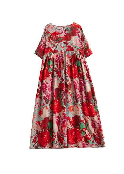 Robe de vacances en coton froissé à imprimé bohème rouge à col rond pour l'été AP073