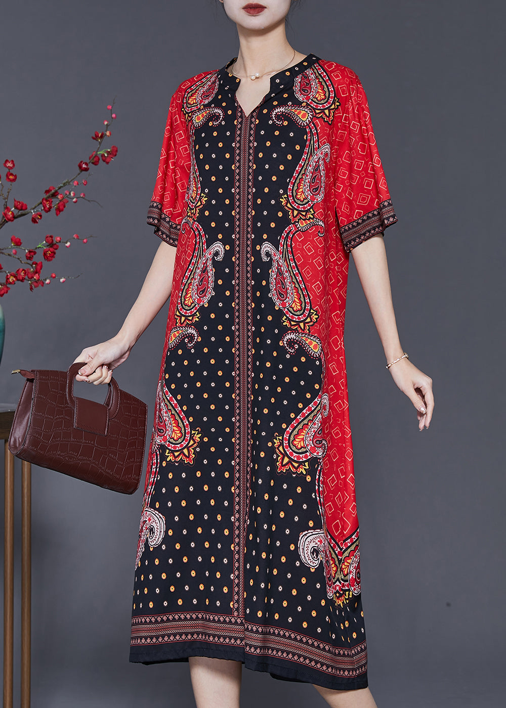 Boho Rotes V-Ausschnitt Print Chiffon Urlaubskleid Sommer SD1063