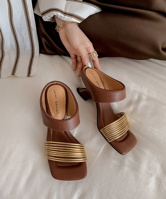Chunky Slide Boho Splicing Sandals Brown Sheepskin