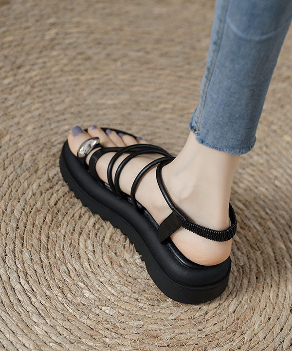 Boho Splicing Plateau Sandalen Schwarz Rindsleder Peep Toe JJ059