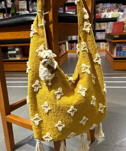 Sac messager en toile jaune à pompons de style bohème WI027