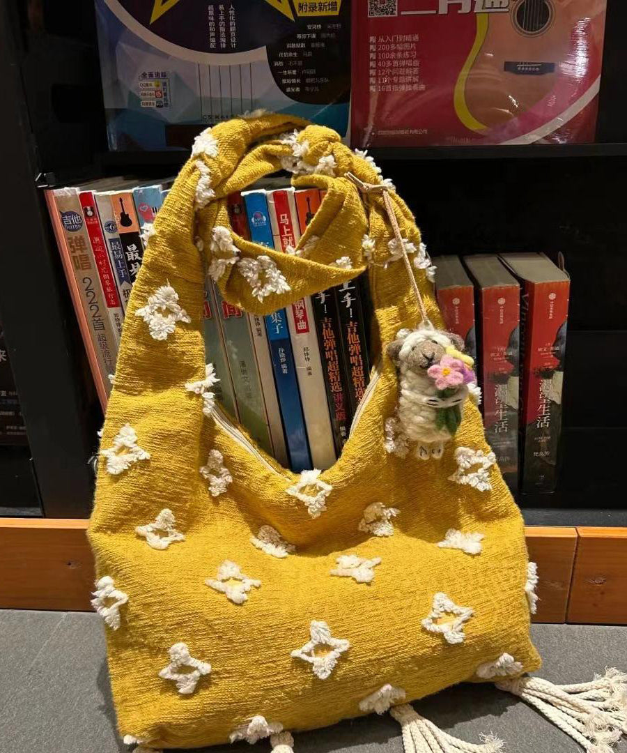 Sac messager en toile jaune à pompons de style bohème WI027