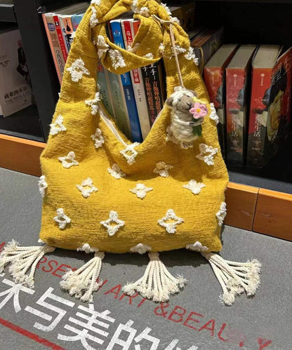 Sac messager en toile jaune à pompons de style bohème WI027