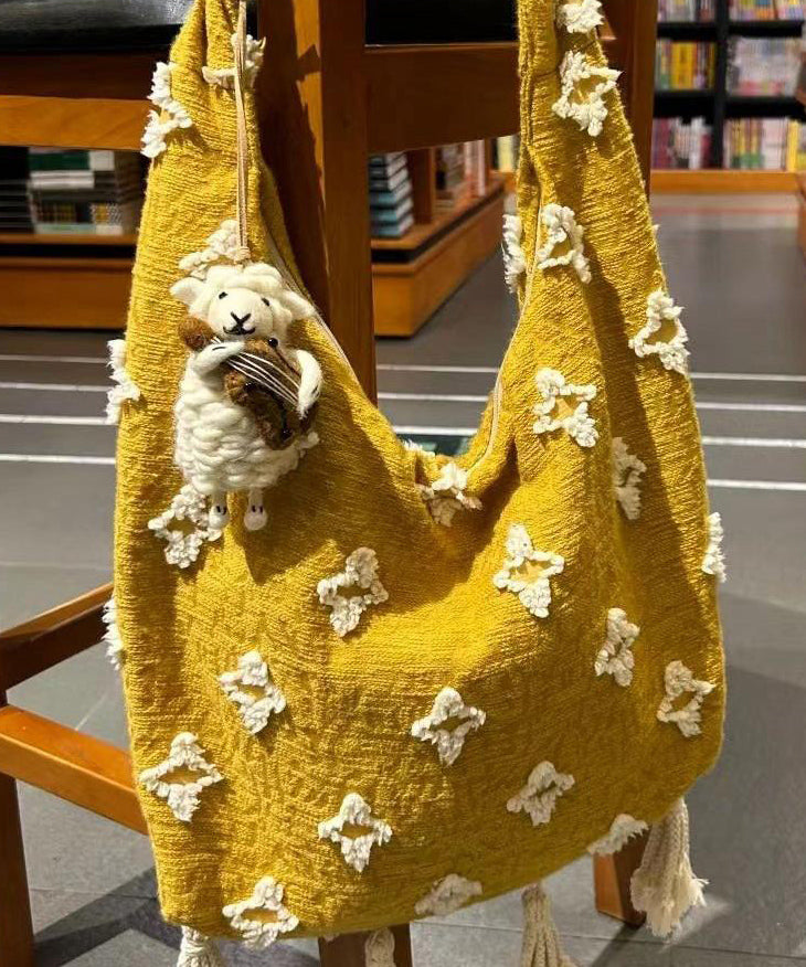 Sac messager en toile jaune à pompons de style bohème WI027