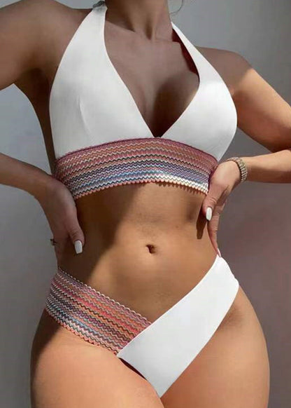 Sets Lace White Striped Patchwork Tie Lingerie Boho