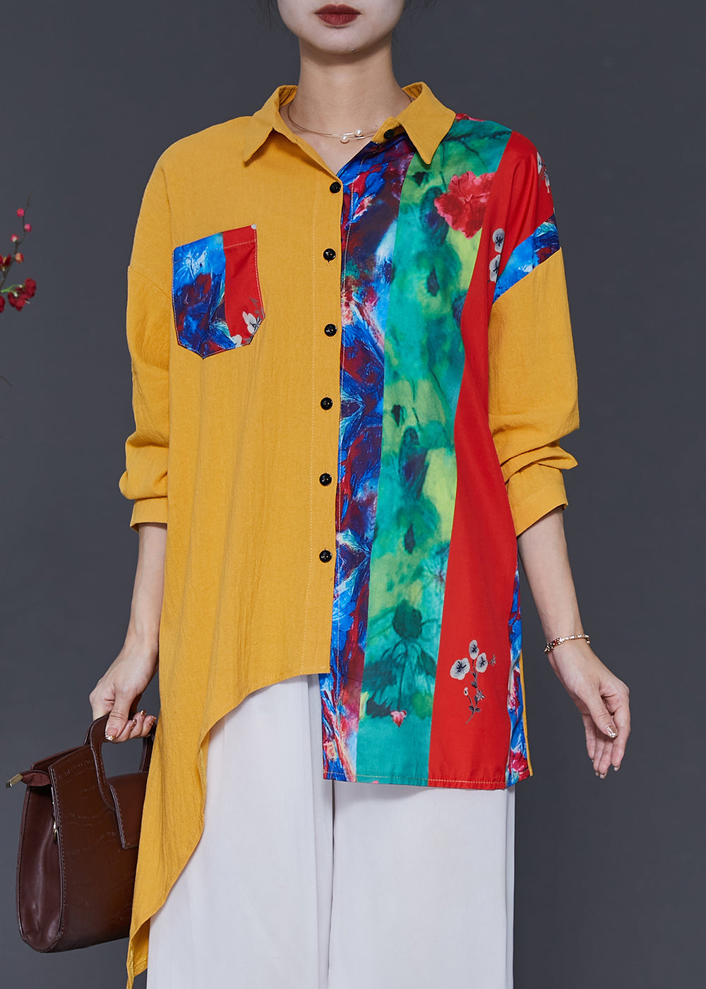 Boho Yellow Asymmetrical Tie Dye Linen Shirt Top Spring SD1087