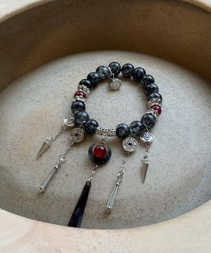 Breloque pompon en pierre précieuse, argent sterling, cristal noir