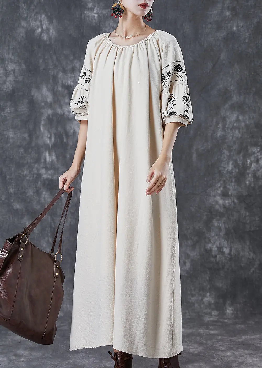 Boutique Beige O-Neck Oversized Cotton Maxi Dresses Puff Sleeve Ada Fashion