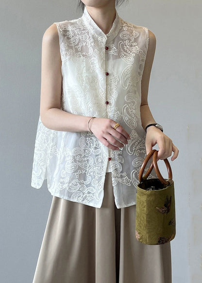 Gilet en tulle brodé à col montant beige Boutique Été VB1082