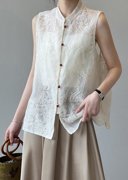 Gilet en tulle brodé à col montant beige Boutique Été VB1082