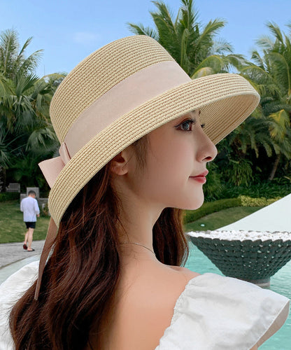 Chapeau de soleil de plage en paille tissée avec nœud noir Boutique II048