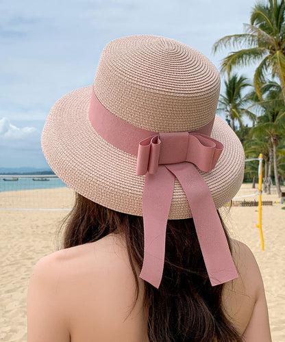 Chapeau de soleil de plage en paille tissée avec nœud noir Boutique II048