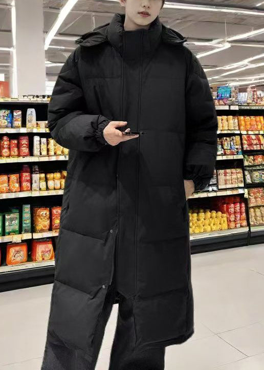 Manteau long noir à capuche et poches boutonnées en duvet de canard pour homme, collection hiver RJ004